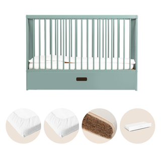 Mini Lit Bébé avec Tiroir & Matelas Naturel | Vert Bleuté