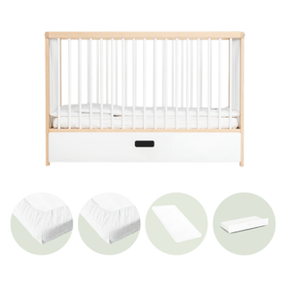 Mini Lit Bébé avec Tiroir & Matelas Aloe Vera | Hêtre Blanc