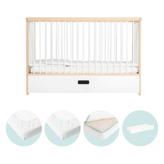 Mini Lit Bébé avec Tiroir & Matelas Respirant | Hêtre Blanc