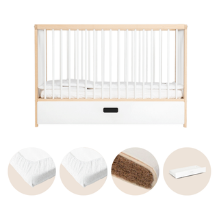 Mini Lit Bébé avec Tiroir & Matelas Naturel | Hêtre Blanc