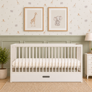 Midi Lit Bébé avec Tiroir & Matelas Respirant | Blanc - Mokee
