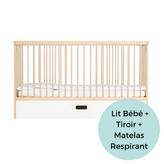 Midi Lit Bébé avec Tiroir & Matelas Respirant | Hêtre Naturel