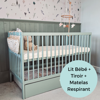 Mini Lit Bébé avec Tiroir & Matelas Respirant | Vert Bleuté