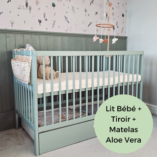 Mini Lit Bébé avec Tiroir & Matelas Aloe Vera | Vert Bleuté