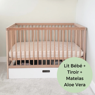 Mini Lit Bébé avec Tiroir & Matelas Aloe Vera | Hêtre Naturel
