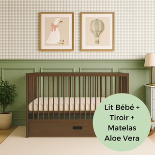 Mini Lit Bébé avec Tiroir & Matelas Aloe Vera | Noyer