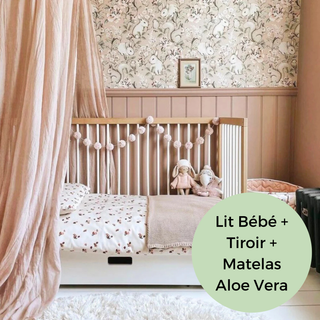 Mini Lit Bébé avec Tiroir & Matelas Aloe Vera | Hêtre Blanc