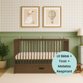 Midi Lit Bébé avec Tiroir & Matelas Respirant | Noyer