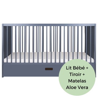 Midi Lit Bébé avec Tiroir & Matelas Aloe Vera | Bleu Grisé