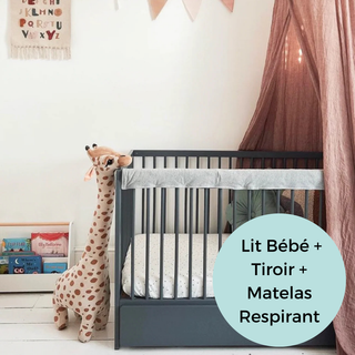 Mini Lit Bébé avec Tiroir & Matelas Respirant | Bleu Grisé