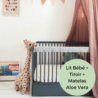 Mini Lit Bébé avec Tiroir & Matelas Aloe Vera | Bleu Grisé