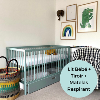 Midi Lit Bébé avec Tiroir & Matelas Respirant | Vert Bleuté