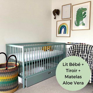 Midi Lit Bébé avec Tiroir & Matelas Aloe Vera | Vert Bleuté
