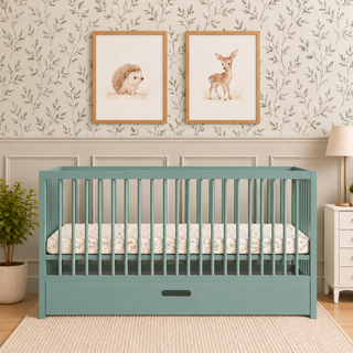 Midi Lit Bébé avec Tiroir & Matelas Respirant | Vert Bleuté - Mokee